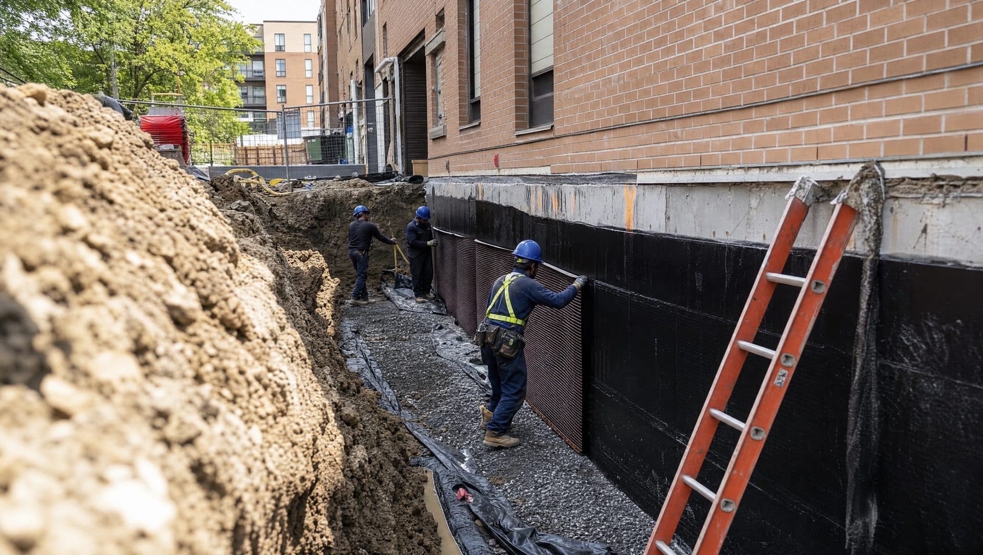Commercial waterproofing crew preparing a below-grade foundation membrane in Toronto
