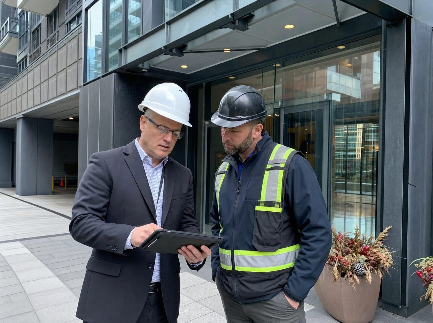 Property manager reviewing a commercial waterproofing scope with a CWC estimator