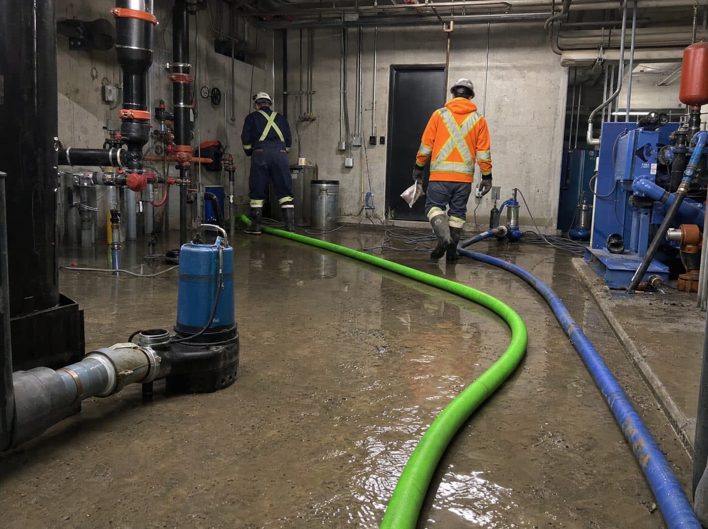 Emergency leak response in a commercial garage stairwell or mechanical room